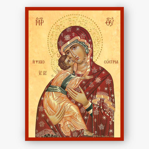 Decorative icon of the Theotokos, the saviour of souls, holding Christ with intricate details on a beige background