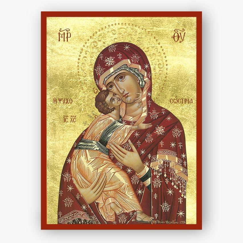 Decorative icon of the Theotokos, the saviour of souls, holding Christ with intricate details on a gold background