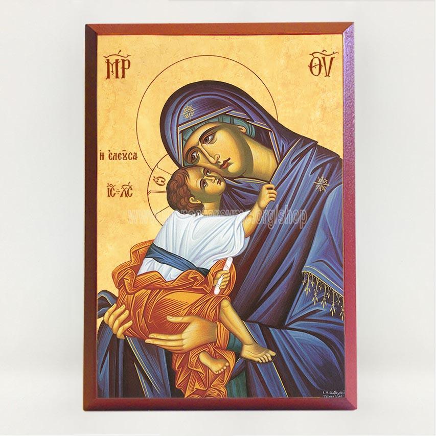 A byzantine style icon print depicting the Mother of God holding a child, with gold background and byzantine red details.