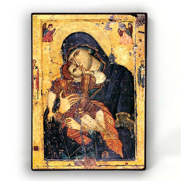 Theotokos Sweet Kissing of Philotheou Monastery Icon holding Jesus Christ on an antiqued background with two angels in the top corners and two Hierarch Saints left and right