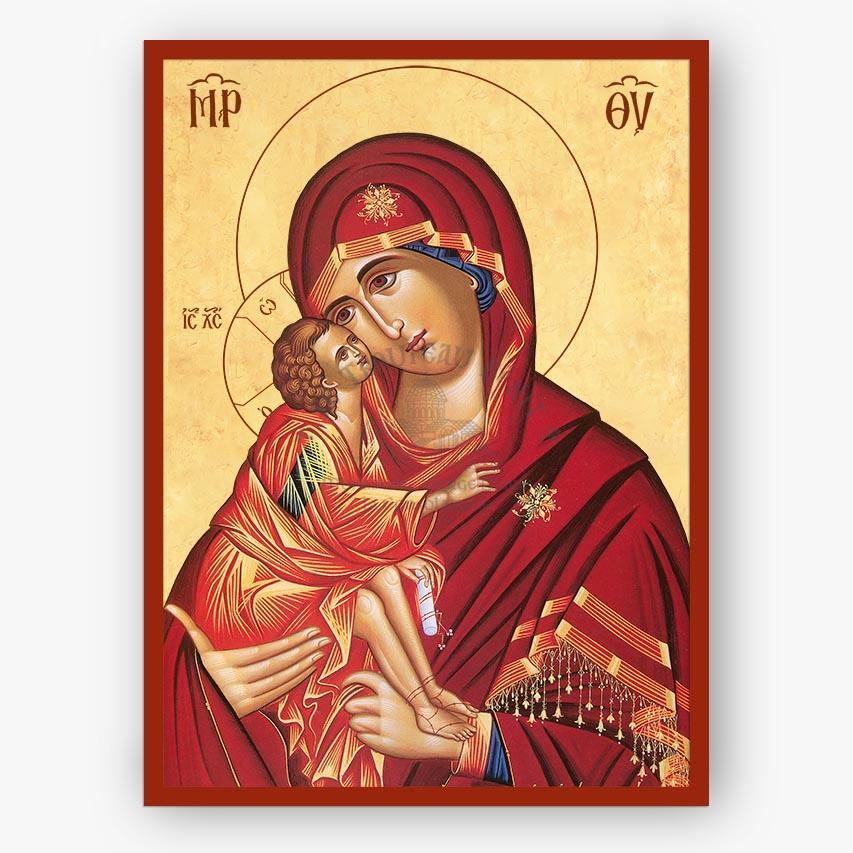 Icon of Mother of God holding Christ on a beige background