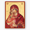 Icon of Mother of God holding Christ on a beige background