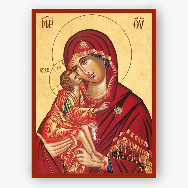 Icon of Mother of God holding Christ on a beige background