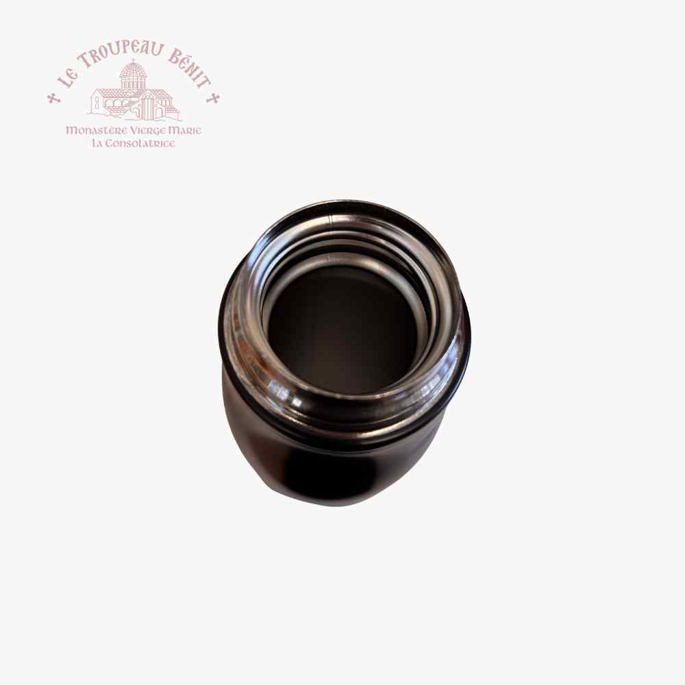 Inside of insulated water bottel with Le Troupeau Benit logo on a white background