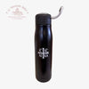 Black tall water bottle with IC XC NIKA emblem in white and Le Troupeau Benit logo in top left corner
