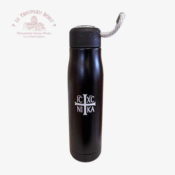 Black tall water bottle with IC XC NIKA emblem in white and Le Troupeau Benit logo in top left corner
