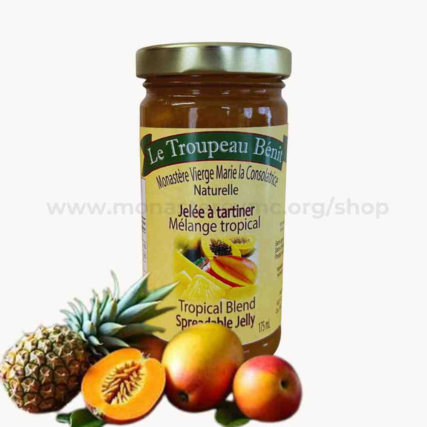 Jar of Le Troupeau Benit tropical blend spreadable jelly with fruits on a white background