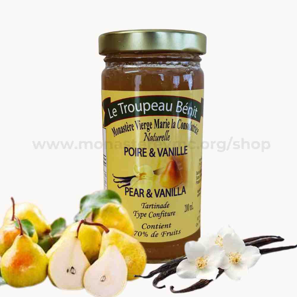 Jar of Le Troupeau Benit, pear and vanilla jam with pears and vanilla beans on a white background