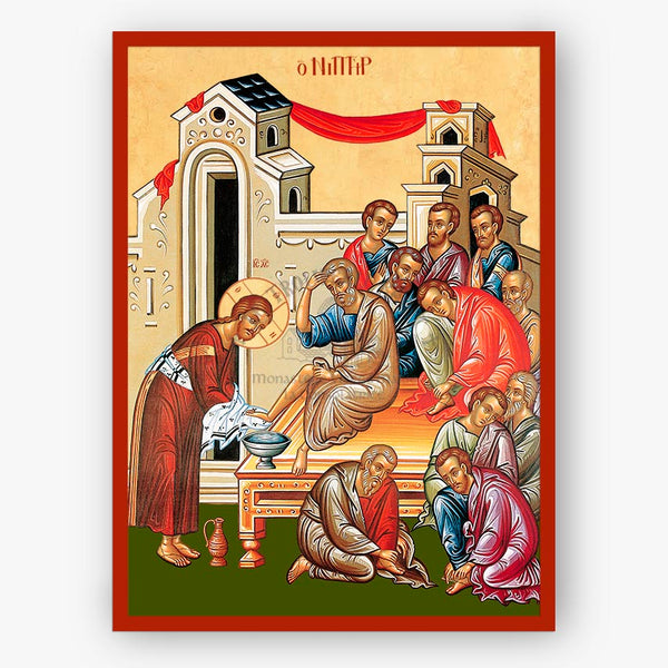 The washing of the Apostles' feet by our Lord on a beige background and red border