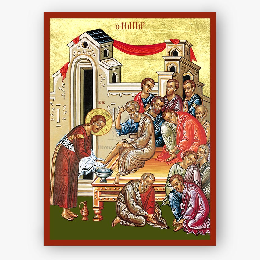 The washing of the Apostles' feet by our Lord on a gold background and red border 