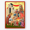 The washing of the Apostles' feet by our Lord on a gold background and red border 