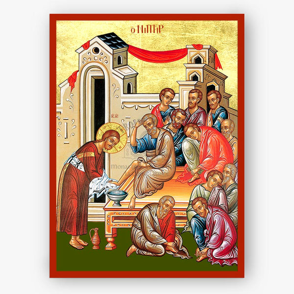 The washing of the Apostles' feet by our Lord on a gold background and red border 