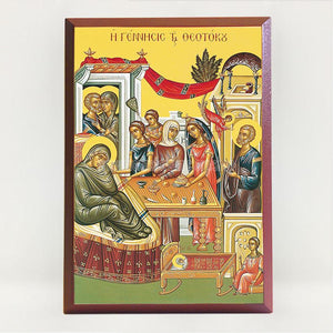Nativity of the Theotokos, contemporary byzantine orthodox icon custom made by the sisters of monasterevmc.org| Nativité de la Mère de Dieu, icône byzantine orthodoxe fabriquée par les soeurs du monasterevmc.org