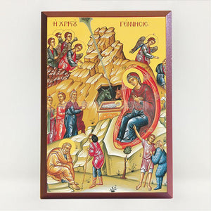 Nativity of our Lord Jesus Christ, contemporary byzantine orthodox icon custom made by the sisters of monasterevmc.org| Nativité de notre Seigneur Jésus Christ, icône byzantine orthodoxe fabriquée par les soeurs du monasterevmc.org