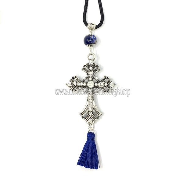 Orthodox Christian cross automobile pendant decorated, assembled and sold in Canada by the sisters of monasterevmc.org / Pendentif pour voiture avec croix chrétienne orthodoxe décorée et assemblée au Québec par les soeurs du monasterevmc.org