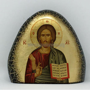Christ, handmade byzantine icon on gold gilded stone from the sisters of Monastery Virgin Mary Consolatory. monasterevmc.org