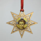 Christ Emmanuel wooden star Christmas ornament sold by the sisters of monasterevmc.org / Décoration de Noël en bois de Christ Emmanuel, dans une étoile en bois vendue par les soeurs du monasterevmc.org