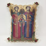 Byzantine Orthodox Icon of your choice of Saint printed on a satin pillow designed and handmade in Canada by the sisters of monasterevmc.org / Oreiller avec impression d'une icone byzantine orthodoxe de votre choix conçu et fait à la main au Québec par les soeurs du monasterevmc.org