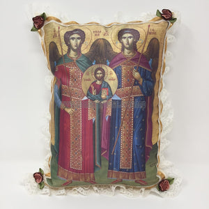 Byzantine Orthodox Icon of your choice of Saint printed on a satin pillow designed and handmade in Canada by the sisters of monasterevmc.org / Oreiller avec impression d'une icone byzantine orthodoxe de votre choix conçu et fait à la main au Québec par les soeurs du monasterevmc.org