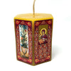 Pure beeswax hexagon pillar candle decorated with Byzantine Orthodox icons and images handmade and sold by the sisters of monasterevmc.org / Pillier hexagonal décoratif en cire d'abeille pure décoré avec des icônes et des images byzantines faits à la main par les soeurs du monasterevmc.org