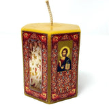 Pure beeswax hexagon pillar candle decorated with Byzantine Orthodox icons and images handmade and sold by the sisters of monasterevmc.org / Pillier hexagonal décoratif en cire d'abeille pure décoré avec des icônes et des images byzantines faits à la main par les soeurs du monasterevmc.org