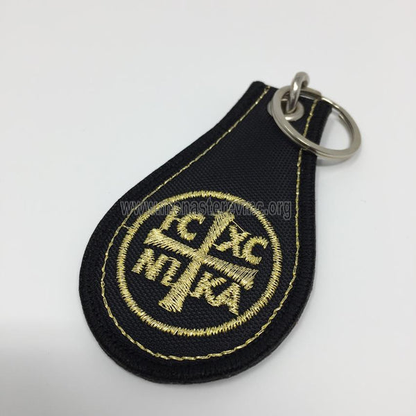Orthodox black woven Jesus Prayer keychain sold by the sisters of monasterevmc.org / Porteclé orthodoxe avec la Prière de Jésus brodée vendu par les soeurs du monasterevmc.org