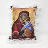Byzantine Orthodox Icon of the Mother of God printed on a satin pillow designed and handmade in Canada by the sisters of monasterevmc.org / Oreiller avec impression d'une icone byzantine orthodoxe de la Mère de Dieu conçu et fait à la main au Québec par les soeurs du monasterevmc.org