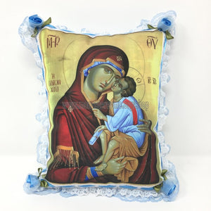 Byzantine Orthodox Icon of the Mother of God printed on a satin pillow designed and handmade in Canada by the sisters of monasterevmc.org / Oreiller avec impression d'une icone byzantine orthodoxe de la Mère de Dieu conçu et fait à la main au Québec par les soeurs du monasterevmc.org