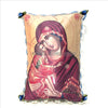 Byzantine Orthodox Icon of the Mother of God printed on a satin pillow designed and handmade in Canada by the sisters of monasterevmc.org / Oreiller avec impression d'une icone byzantine orthodoxe de la Mère de Dieu conçu et fait à la main au Québec par les soeurs du monasterevmc.org