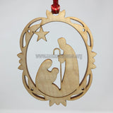 Nativity of Christ carved in the center of a wooden Christmas ornament sold by the sisters of monasterevmc.org / Ornement de Noël, en bois avec une scène de la Nativité du Christ au centre, vendue par les soeurs du monasterevmc.org