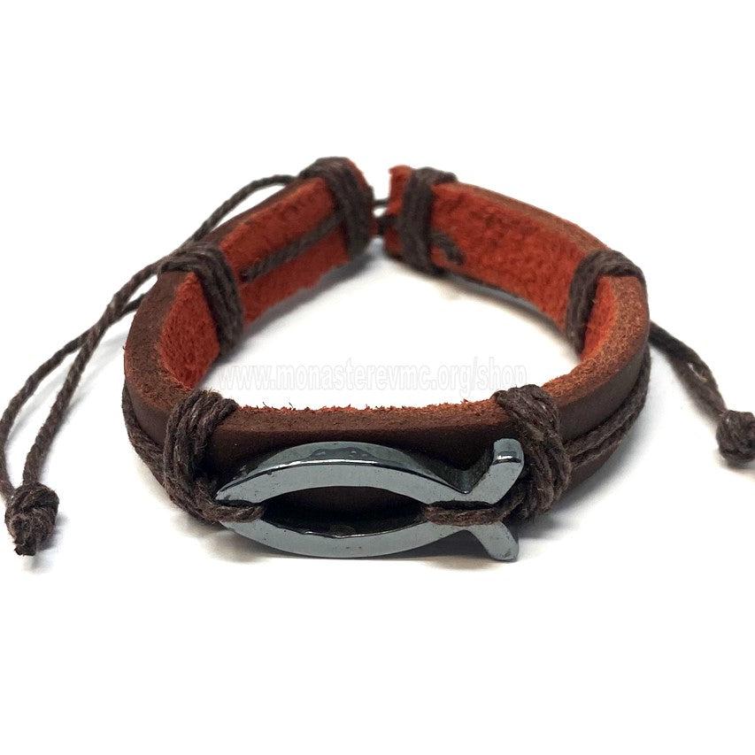 Orthodox leather and stainless steel fish IXTHYS bracelet sold by the sisters of monasterevmc.org / Bracelet orthodoxe en cuir et poisson IXTHYS en acier inoxydable vendu par les soeurs du monasterevmc.org