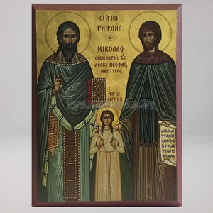 Saints Raphael, Nicolas & Irene, byzantine custom made icon by the sisters of monasterevmc.org / Saints Raphael, Nicolas & Irène, icone byzantine orthodoxe fabriquée au Québec par les soeurs du monasterevmc.org