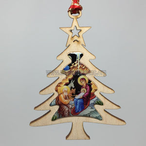 Nativity of Christ byzantine icon in a wooden Christmas tree ornament sold by the sisters of monasterevmc.org / Ornement de Noël, sapin de Noël décoratif en bois avec icône byzantine de la Nativité du Christ, vendue par les soeurs du monasterevmc.org